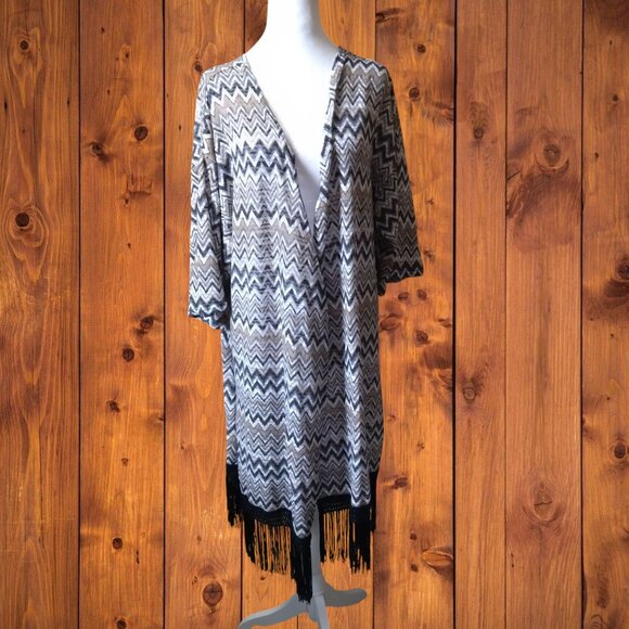 Cato Women's Size 18/20 Open Front Fringe 3/4 Sleeve Long Line Duster Cardigan - Picture 1 of 9